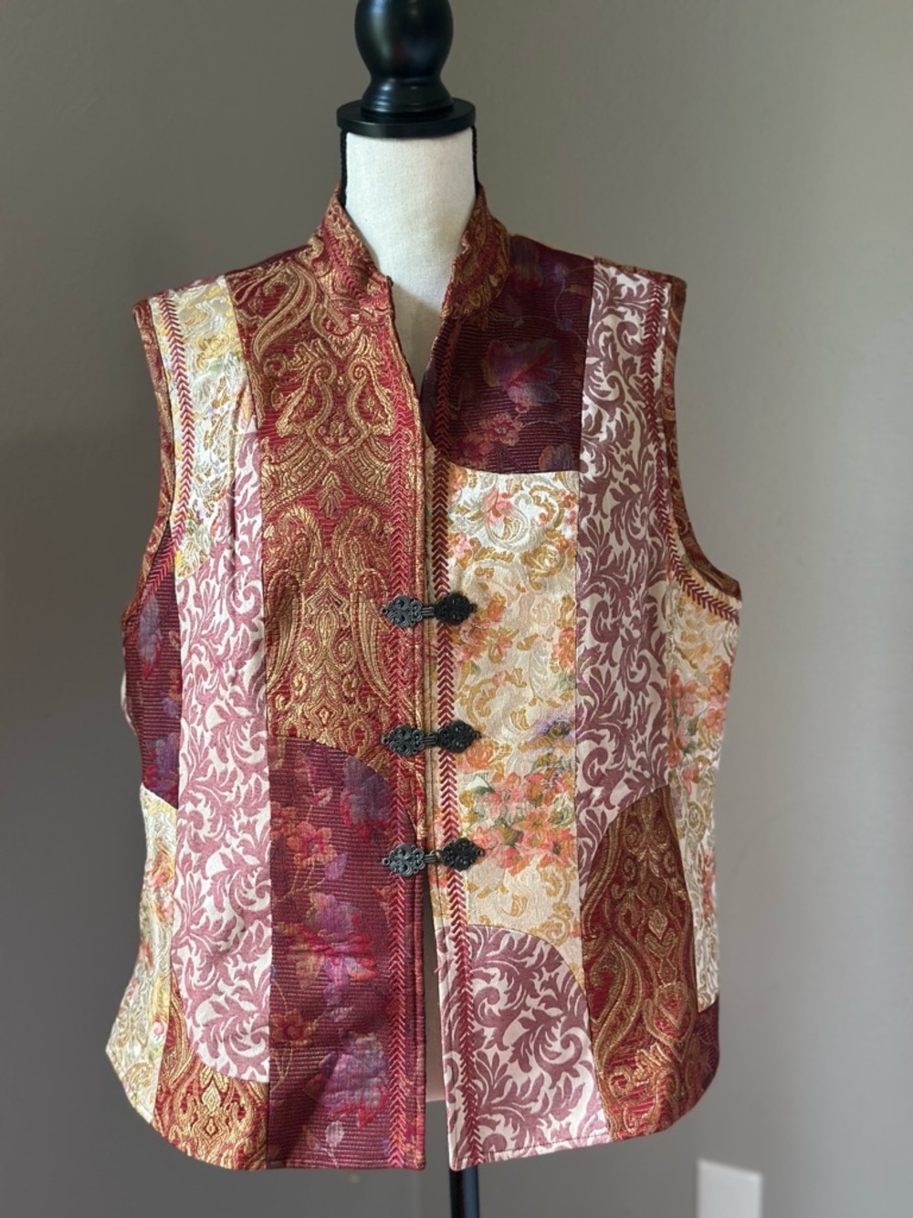Vintage Coldwater Creek Brocade Vest w/Black Trim & Brass Buttons
